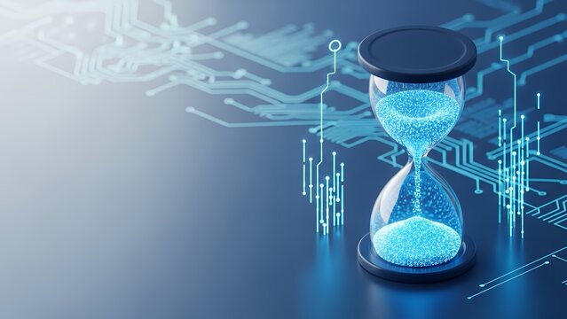 Digital time management and technological deadlines concept with a glowing blue hourglass on an intricate circuit board background.