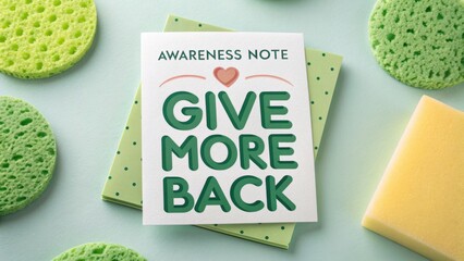 Awareness note encouraging generosity with green sponges and vibrant colors for promoting kindness in everyday life