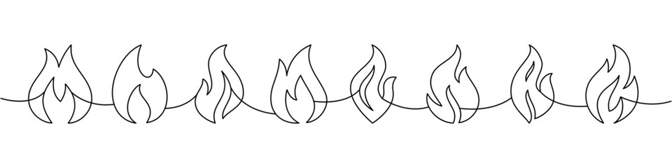 Obraz premium Continuous line border with eight flames in different shapes. Minimal vector fire outline for hazard signs, hot products and creative modern design