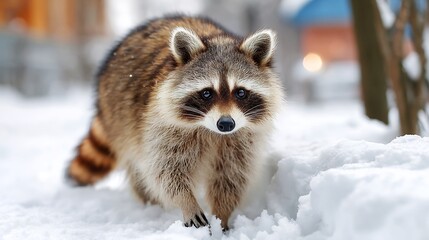Raccoon Walking Snow raccoon walking through fresh snow winter urban wildlife cold environment soft daylight natural animal behavior scene