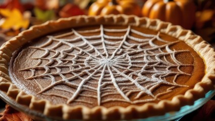Festive pumpkin pie decorated with a spiderweb design