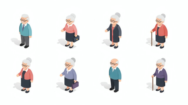 Isometric illustrations of diverse senior citizens, depicting an active and engaged aging population for healthcare, social programs, and community design projects.