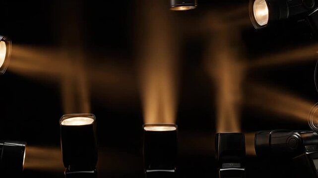 Studio lighting setup featuring multiple es creating bright beams against a dark background.