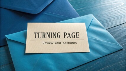 Elegant Business Card on a Blue Envelope with a Turning Page Theme Ideal for Financial Review or Consulting Services