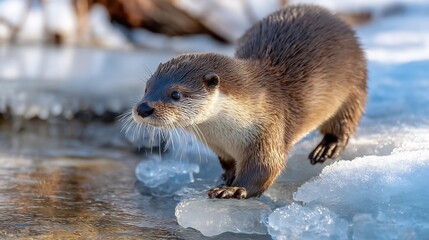 Fototapeta premium River Otter Near Frozen Stream river otter playing near frozen stream edge winter wildlife behavior icy reflection playful motion cold environment natural light
