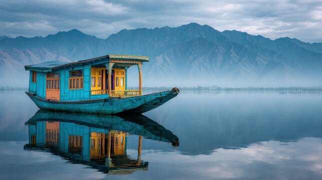 Houseboat on calm lake with mountains