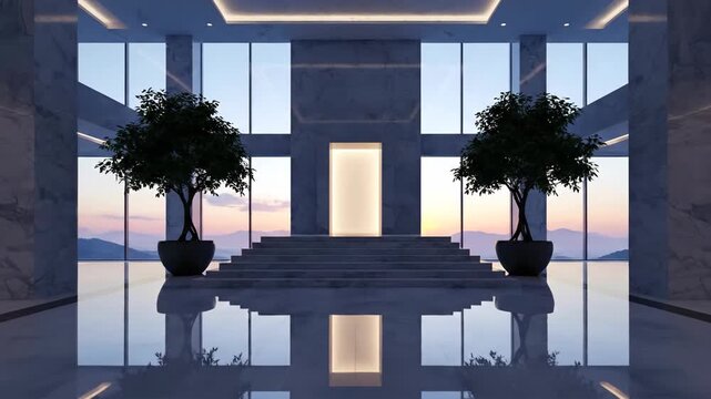 Bright modern glass atrium lobby with reflections and sunset view.