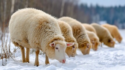 Naklejka premium Sheep Grazing Snow sheep grazing in snowy field winter rural animals cold environment natural soft lighting peaceful countryside scene