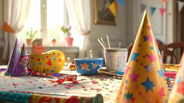 Festive party table with colorful hats, confetti, and decorations, ready for celebration.