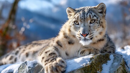 Fototapeta premium Snow Leopard Winter Himalayas snow leopard resting on snowy rocks winter wildlife cold mountain habitat detailed fur texture cinematic lighting