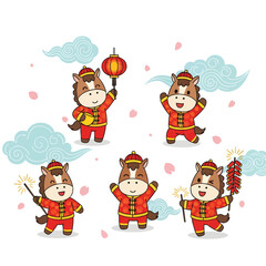 Fototapeta premium Cute Cartoon Horses Celebrating Chinese New Year Festivities