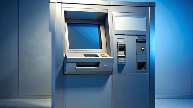 Modern automated teller machine with a blank screen, ready for transactions in a bank.