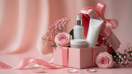Romantic luxury skincare cosmetic gift set with red roses hearts and elegant box