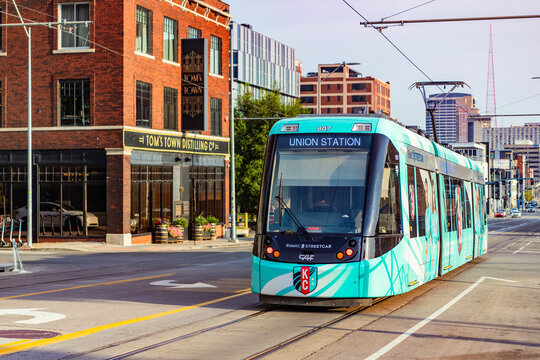 Kansas City, Missouri, USA - August 07, 2025: Public transportation. Street with streetcar. Electric tram transport. City transport tram. Tram in the city street. Urban street with public transport