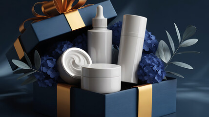 Luxury natural skincare cosmetic gift set with floral decor and elegant packaging