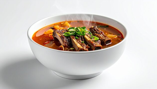 Steaming bowl of hearty Korean short rib soup (Galbitang or Gamjatang style) garnished with fresh green onions on a white background.