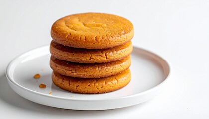 Stack of four golden-brown round cookies on a white plate with crumbs.