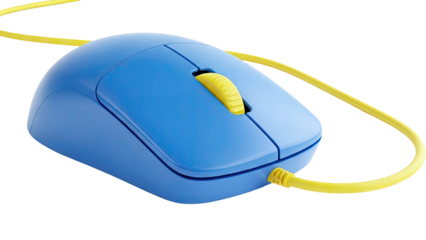 Blue computer mouse with yellow scroll wheel and cord