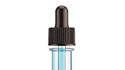 Close-up of blue liquid in glass dropper with black cap