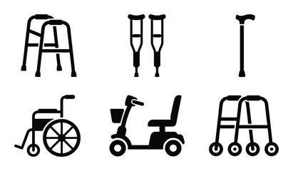 Set of disability aids rehabilitation mobility silhouette icon set of assistive equipment © GoDesigner