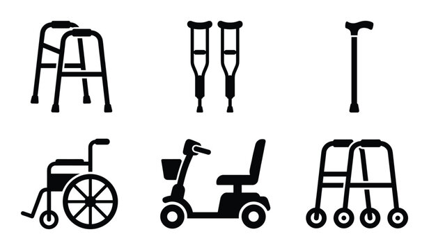 Set of disability aids rehabilitation mobility silhouette icon set of assistive equipment