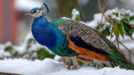 Obraz premium Snowy Peacock peacock snow covered garden unusual winter bird cold season contrast detailed feathers