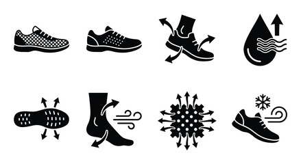Shoes technology icons set representing comfort and breathability of footwear material