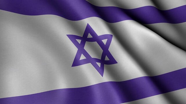 Animated looping flag of Israel waving in smooth wind motion, seamless fabric texture, blue and white cloth with Star of David emblem, realistic textile animation, cinematic patriotic background loop