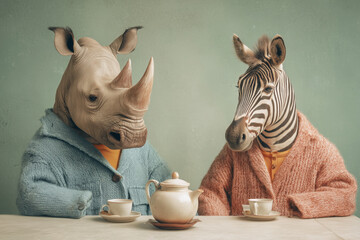 Fototapeta premium Rhino and Zebra at Tea Table