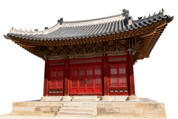 Traditional Korean Palace Pavilion with Red Doors
