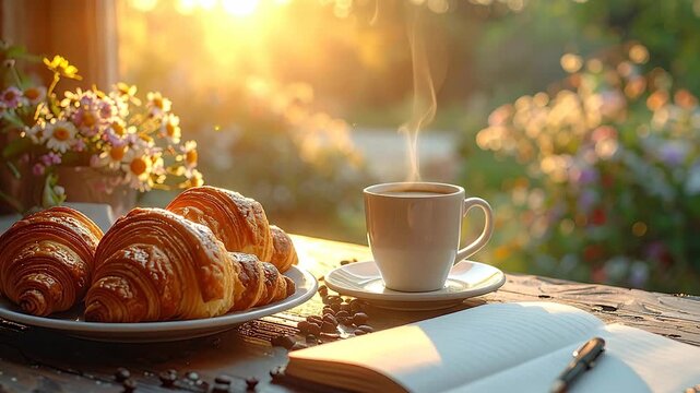 Morning coffee and croissants on a rustic wooden table with flowers.