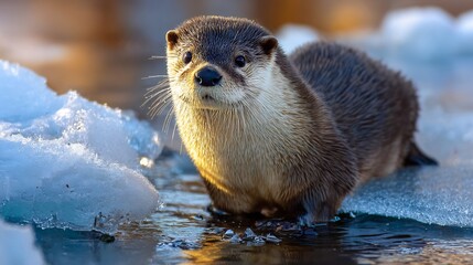 Fototapeta premium Winter Otter Near Ice river otter near frozen river bank winter wildlife icy water reflection playful pose natural soft light