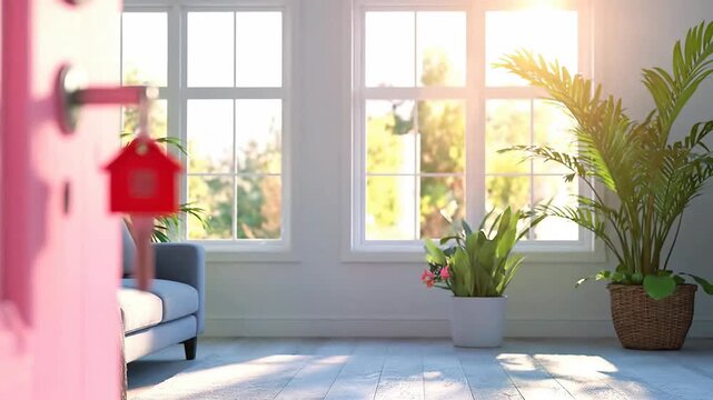 Key with house-shaped keychain hanging on a pink door, symbolizing new beginnings.