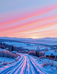 Serene Winter Sunset Over Snowy Rural Landscape