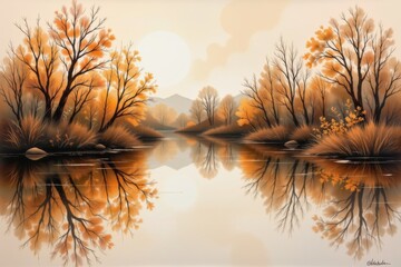 Serene Autumn Landscape with Reflective River and Bright Sun