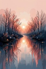 Serene Reflection Sunrise Sunset Over Calm Water