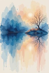 Serene Lakeside Sunset with Solitary Leafless Tree