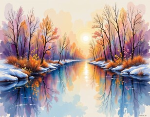 Serene Autumn River Scene with Reflection and Snow