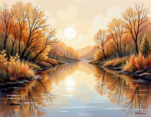 Autumn Reflection Trees Calm River Scene