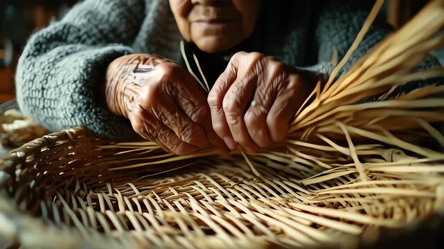 Close-up of an elderly person's hands weaving a traditional basket with thin reeds and straw in a warm, earthy-toned setting.