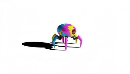 Vibrant CMYK Robot Spider Bot Isolated 3D Render. Colorful Futuristic AI Crawler with Glowing Red Eye on White Background.
