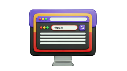3D Browser Window with Search Bar and Website Content