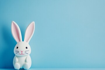 Obraz premium Creative easter greeting card design featuring spring bunny on pastel blue background with empty space for messages