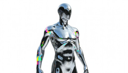 Metallic Humanoid Android Figure with Chromatic Glitch Effect. Futuristic AI Body Isolated on White Background.