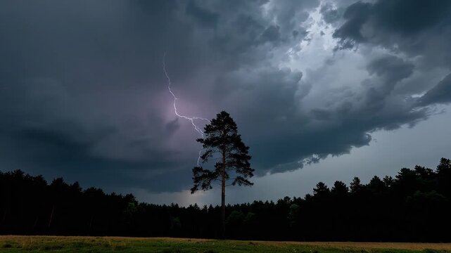 Dramatic lightning strikes a lone tree amidst a dark, stormy forest landscape.