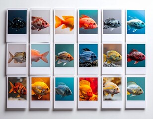 Colorful fish polaroid photo grid collection isolated on white wall ai