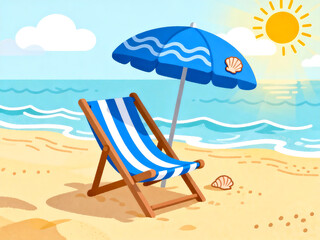 Cartoon Hand-painted Beach Scene with Lounge Chair and Umbrella