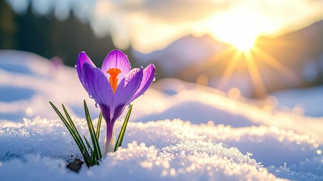 Single purple crocus flower blooming in the snow at sunrise, symbolizing spring.