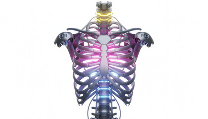 Cybernetic Human Torso Skeleton with Neon Glow. Futuristic Metallic Rib Cage and Spine Anatomy Model Isolated on White.