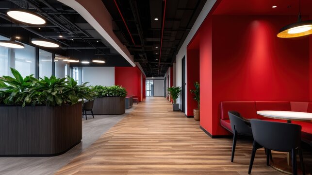 A modern open-plan office corridor with red accent walls, wooden flooring, and leafy planters. Bright halls!!!